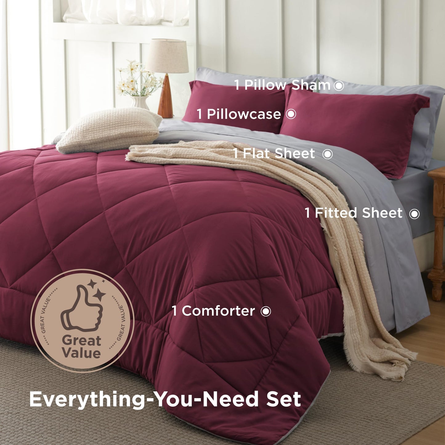 Bedsure Twin XL Comforter - 5 Pieces Reversible Burgundy Bed in a Bag, Twin XL Bedding Comforter Set College Dorm Essentials with 1 Flat Sheet, 1 Fitted Sheet, 1 Pillowcase and 1 Pillow Sham