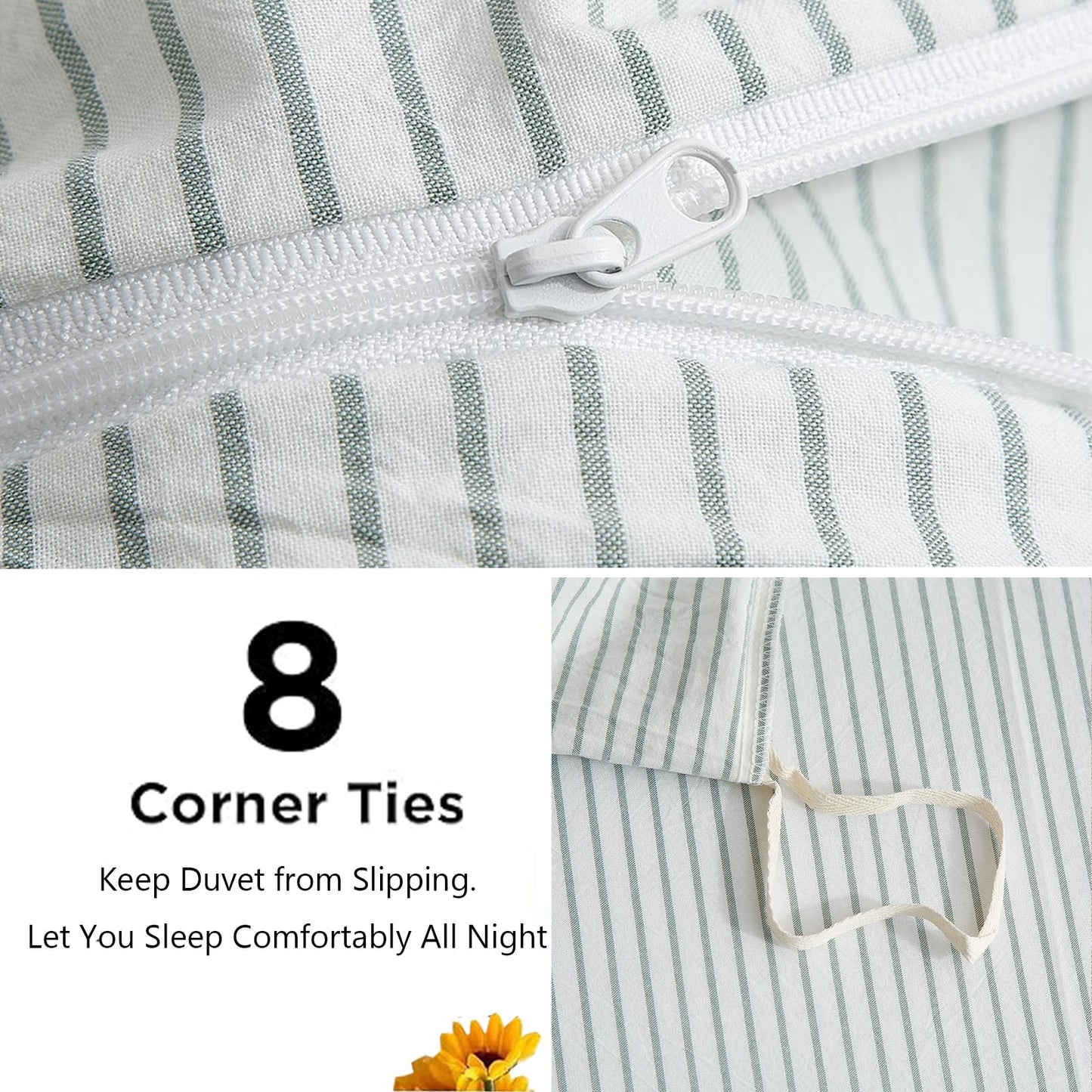 MWL Toy Striped Duvet Cover Set Queen Size 3 Pcs Breathable Durable 100% Washed Cotton Comforter Cover for All Seasons Chic Linen Like Textured Bedding Set (White Green Pinstripes, Queen)