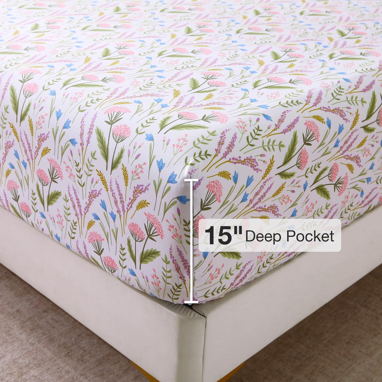 Viviland Floral Twin Sheet Set - 3 Piece Lavender & Blue Bell Pink Cluster Botanical Patterned Bed Sheets - Soft, Breathable Microfiber Sheets with Deep Pocket, Non-Slip Fitted Sheets & Pillowcases
