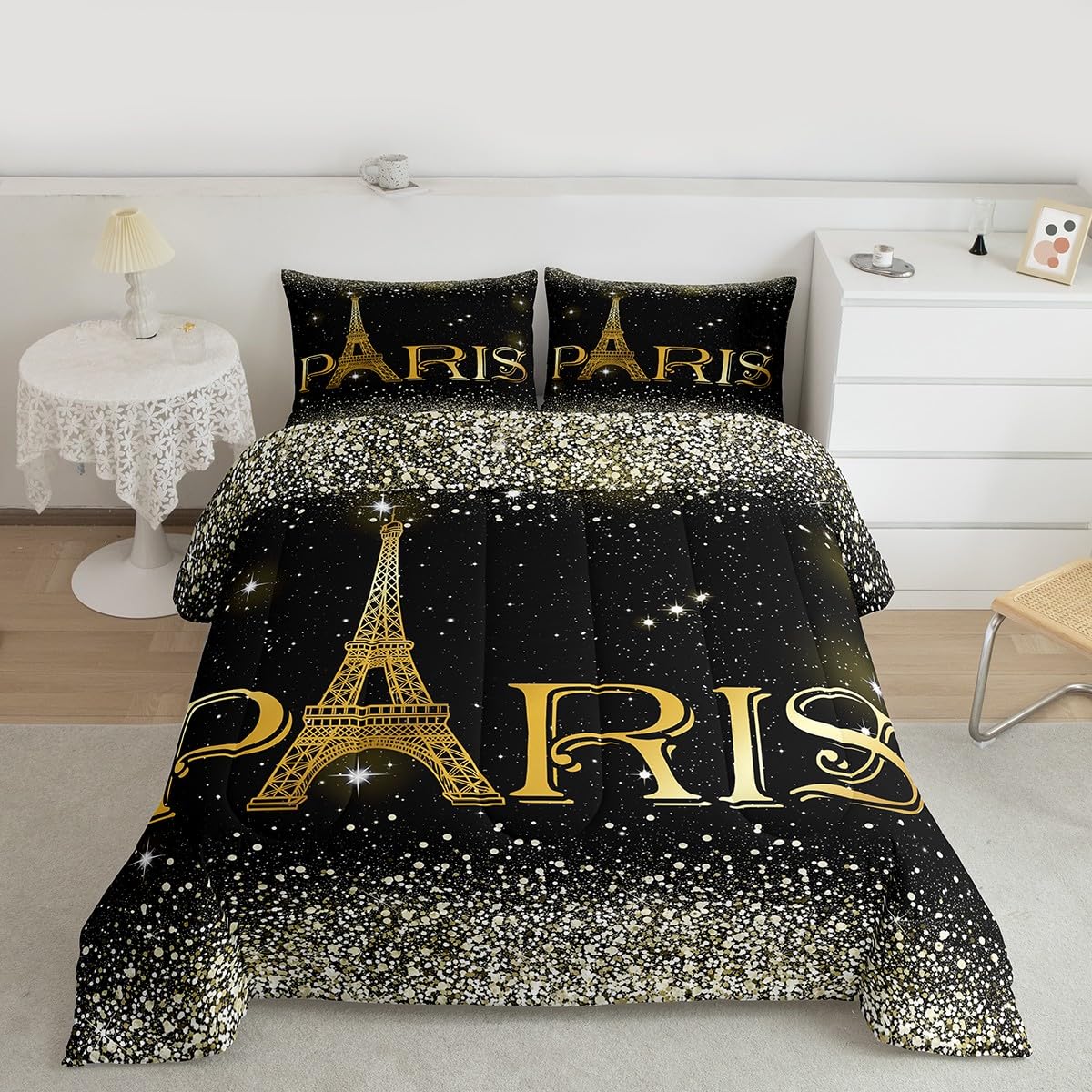 Erosebridal 2 Pcs Eiffel Tower Comforter Set,City Building of Paris Quilted Comforter Twin Size,Gold Yellow Ombre Glitter Bedding Set with 1 Pillow Case