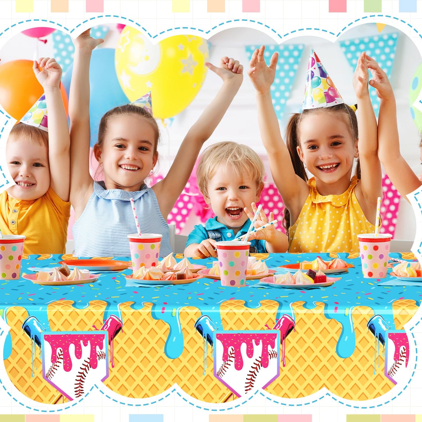 Gilprop 2 Pcs Baseball Ice Cream Drip Birthday Party Decorations Plastic Cute Birthday Tablecloth 108 x 54 Inches Disposable Rectangle Tablecover for Boys Girls Kids Baby Shower Party Supplies