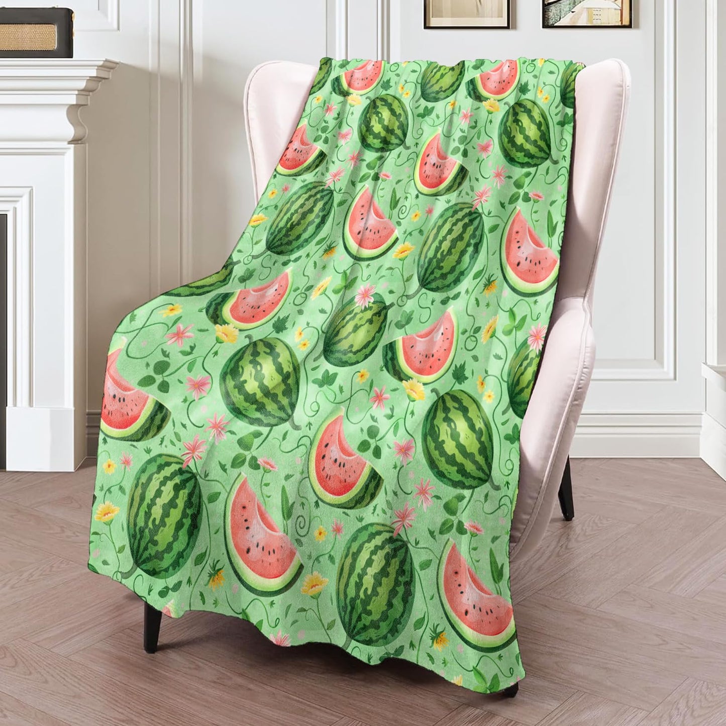 ICAAV Summer Watermelon Blanket 50×60 Inch,Whimsical Cartoon Fruit and Floral Lightweight Flannel Throw with Light Green Background,Beach Cute Home Picnic Decor,Gifts for Girls,Women