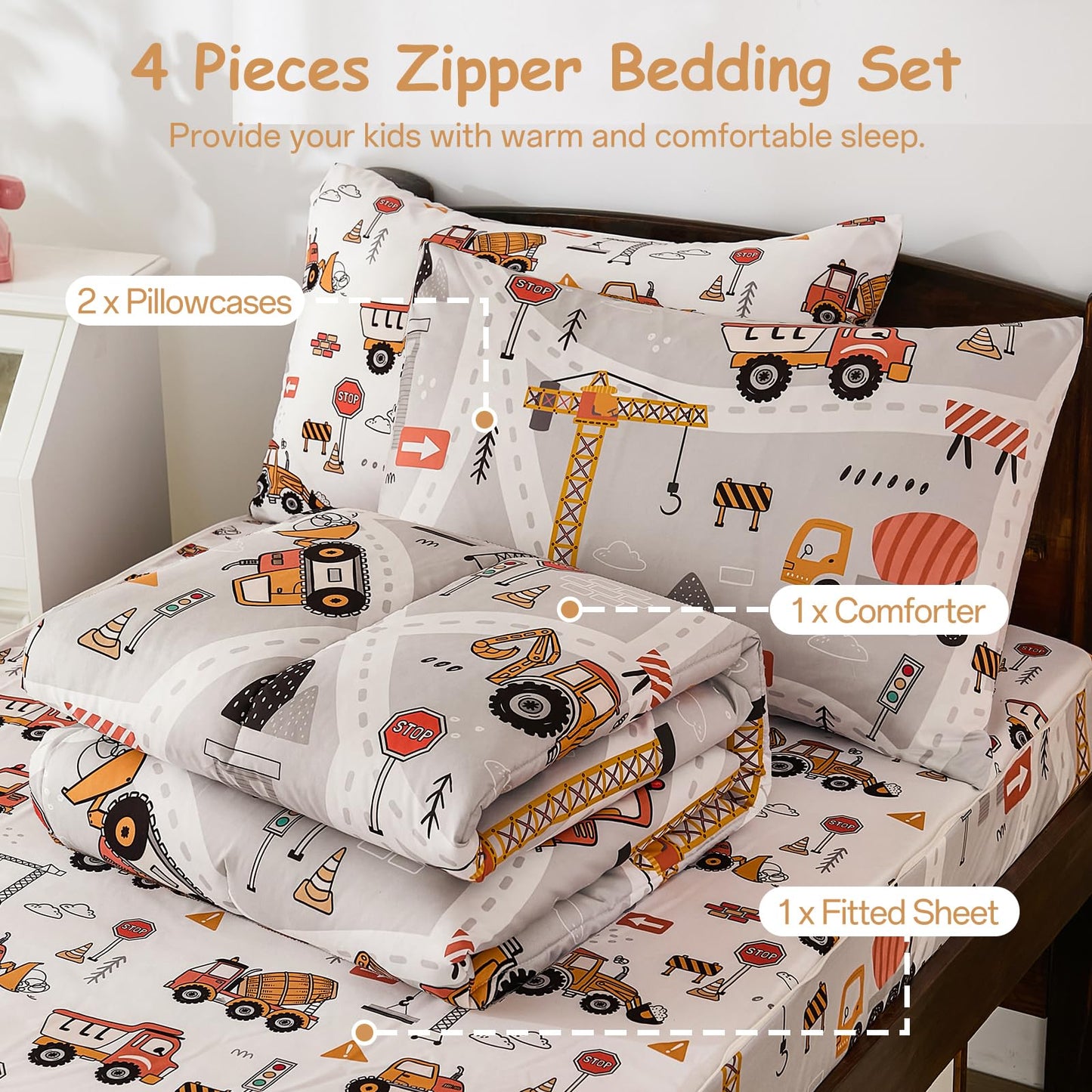 DJY Zipper Bedding Set Twin, Cars Bedding Sets for Boys, Kids Construction Comforter Set with Fitted Sheet Pillowcases, All in One Zipper Bed Set for All Seasons