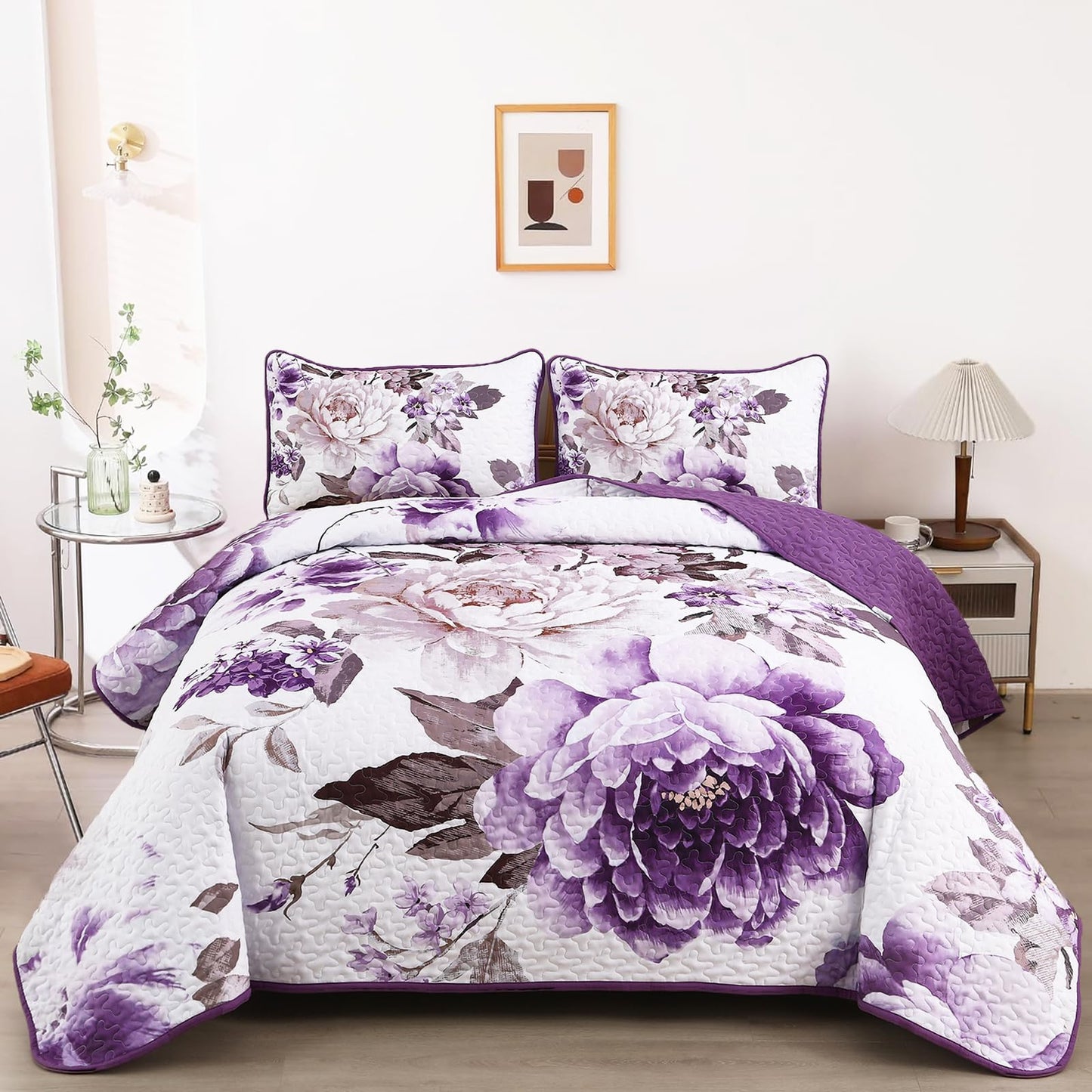 WONGS BEDDING Floral Quilt Set Purple Queen,Quilted Printed Lightweight Bedspread Bedding Set for All Season,3 Pieces Reversible Botanical Plant Coverlet Set with 2 Pillow Shams