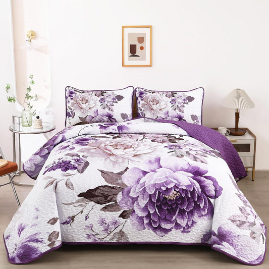 WONGS BEDDING Floral Quilt Set Purple Queen,Quilted Printed Lightweight Bedspread Bedding Set for All Season,3 Pieces Reversible Botanical Plant Coverlet Set with 2 Pillow Shams