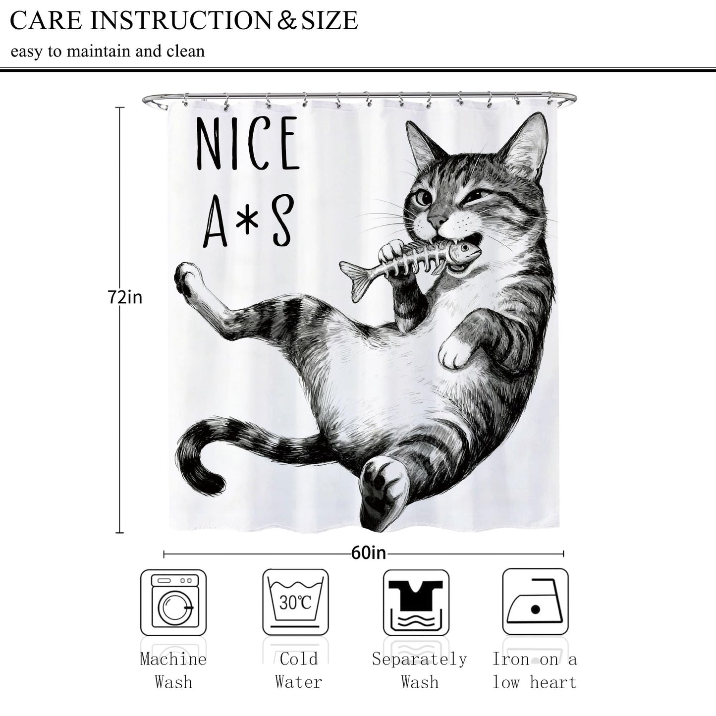 Opeoddie Cute Cat Shower Curtain Fun Animal Boys Kids Shower Curtains Sets for Bathroom Cats Fish Whimsical Ridiculous Black and White Bath Curtain Kitten Teen Funny Bathroom Decor 60x72 Inch