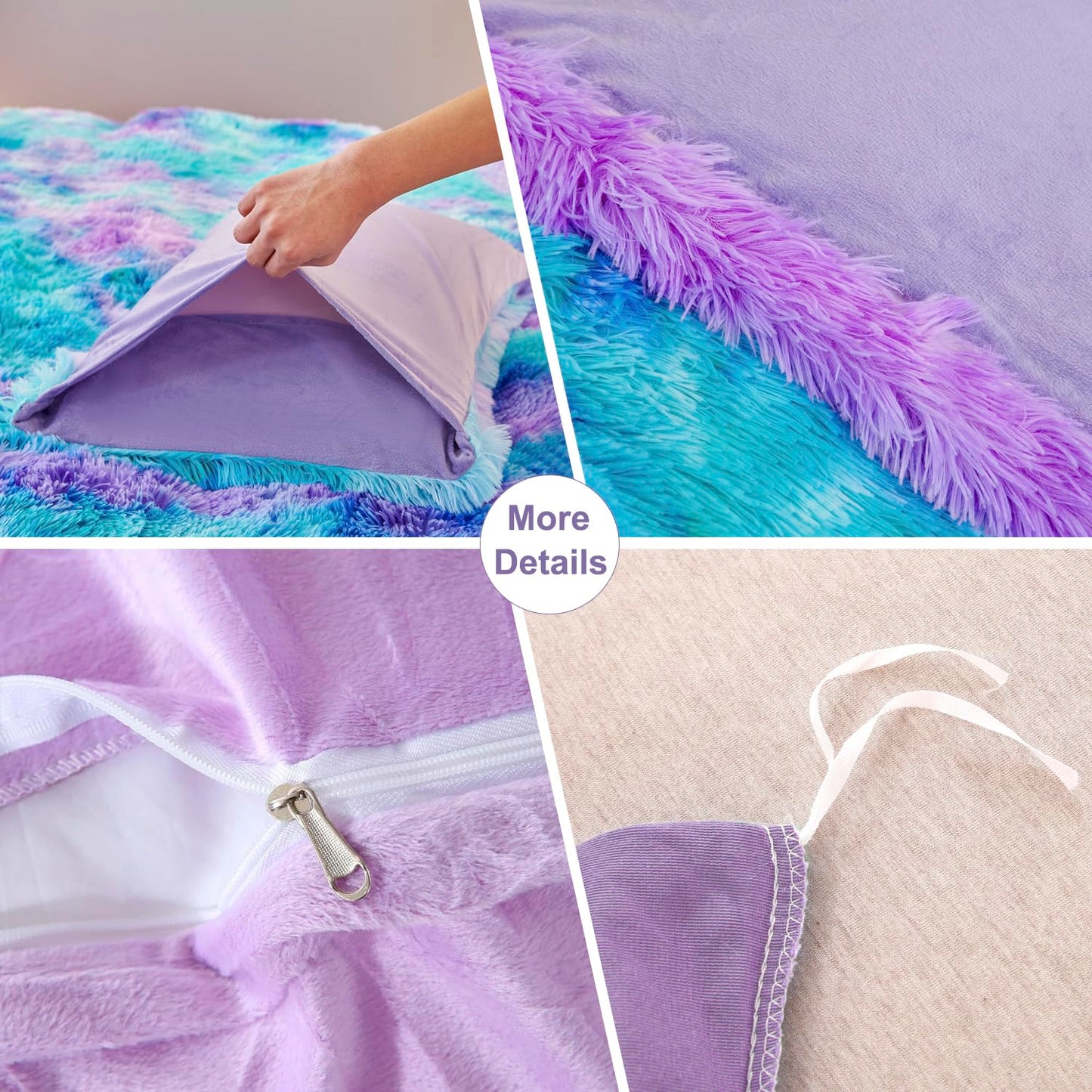 SUCSES Blue Purple Fluffy Twin Bedding Sets for Girls 3Pcs Faux Fur Plush Shaggy Kids Duvet Cover Set Twin Size Tie Dye Velvet Furry Comforter Cover Set