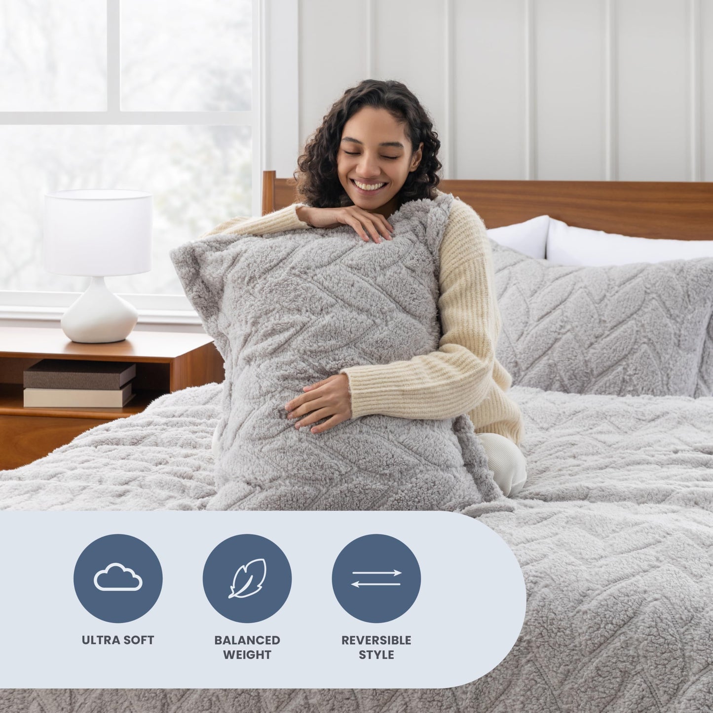 Berkshire Sherpa & Velvetloft Comforter Set Full/Queen, Luxuriously Warm Fleece Reversible Microfiber Plush Bedding Set with 1 Comforter(90"x90") and 2 Pillow Shams(24"x30"), Wisp Grey