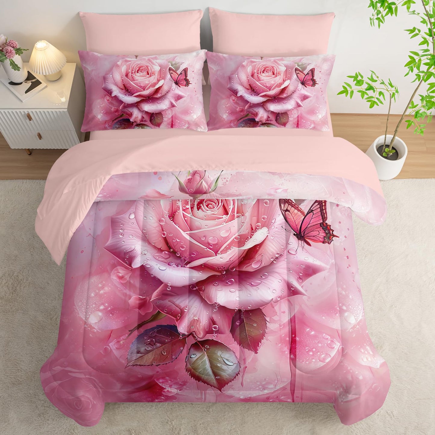 AILONEN 7-Piece Pink Rose Comforter Set Queen Size,Rose Flower Butterfly Bed in a Bag for Girls Women,Modern Romantic Floral Printed Art Pink Comforter + Fitted/Flat Sheet +2 Pillowcases + 2 Shams
