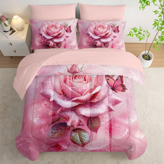 AILONEN 7-Piece Pink Rose Comforter Set Queen Size,Rose Flower Butterfly Bed in a Bag for Girls Women,Modern Romantic Floral Printed Art Pink Comforter + Fitted/Flat Sheet +2 Pillowcases + 2 Shams