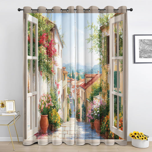 Italian Town Window View Blackout Curtains for Bedroom Decor, Retro Flower Street Curtains 54 Inch Length Grommet Curtains, Watercolor Art Drapes Thermal Insulated for Living Room 2 Panels Set FG&163