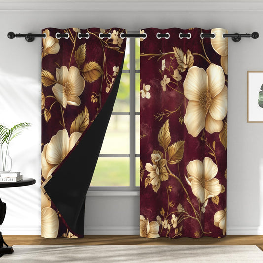 ZJRBJB Floral Blackout Curtains Dark Red Gold Modern Luxury Living Room Window Decor for Bedroom Elegant Total Blackout Vintage Curtain Blinds 2 Panels Drapes with Grommets 53''Wx84''L