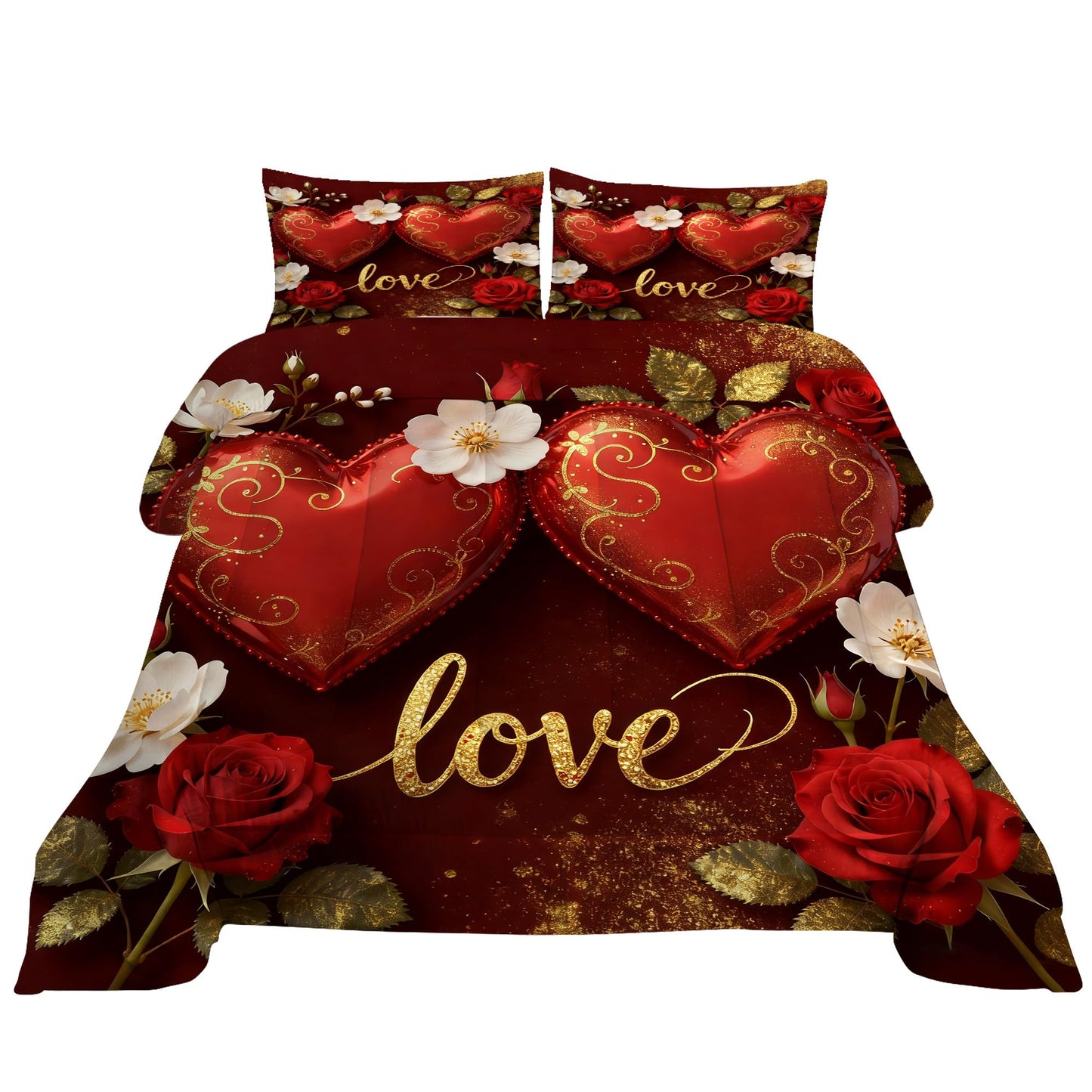 VTKON Love Heart Bedding Set Queen Size 3 Piece Romantic Red Rose Comforter Set for Women Golden Glitter Love Bed Sets Valentine's Day Duvet with 1 Comforter 2 Pillow Cases