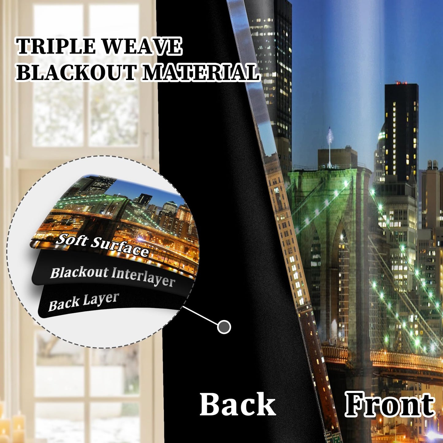 AOFOTO New York City Blackout Window Curtains, Brooklyn Bridge Night Scene Skyscraper Urban Light Long Bedroom Curtains Manhattan Skyline Decorative Grommet Top Window Panels 42x63 Inches, 2 Panels