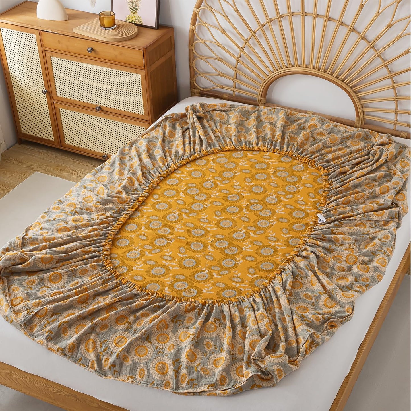 FADFAY Double Gauze 100% Cotton Queen Sheets Set Floral Bed Sheets Deep Pocket Fitted Sheet, Luxury Sunflower Pattern Shabby Vintage Countryside Style Bedding 4Pcs