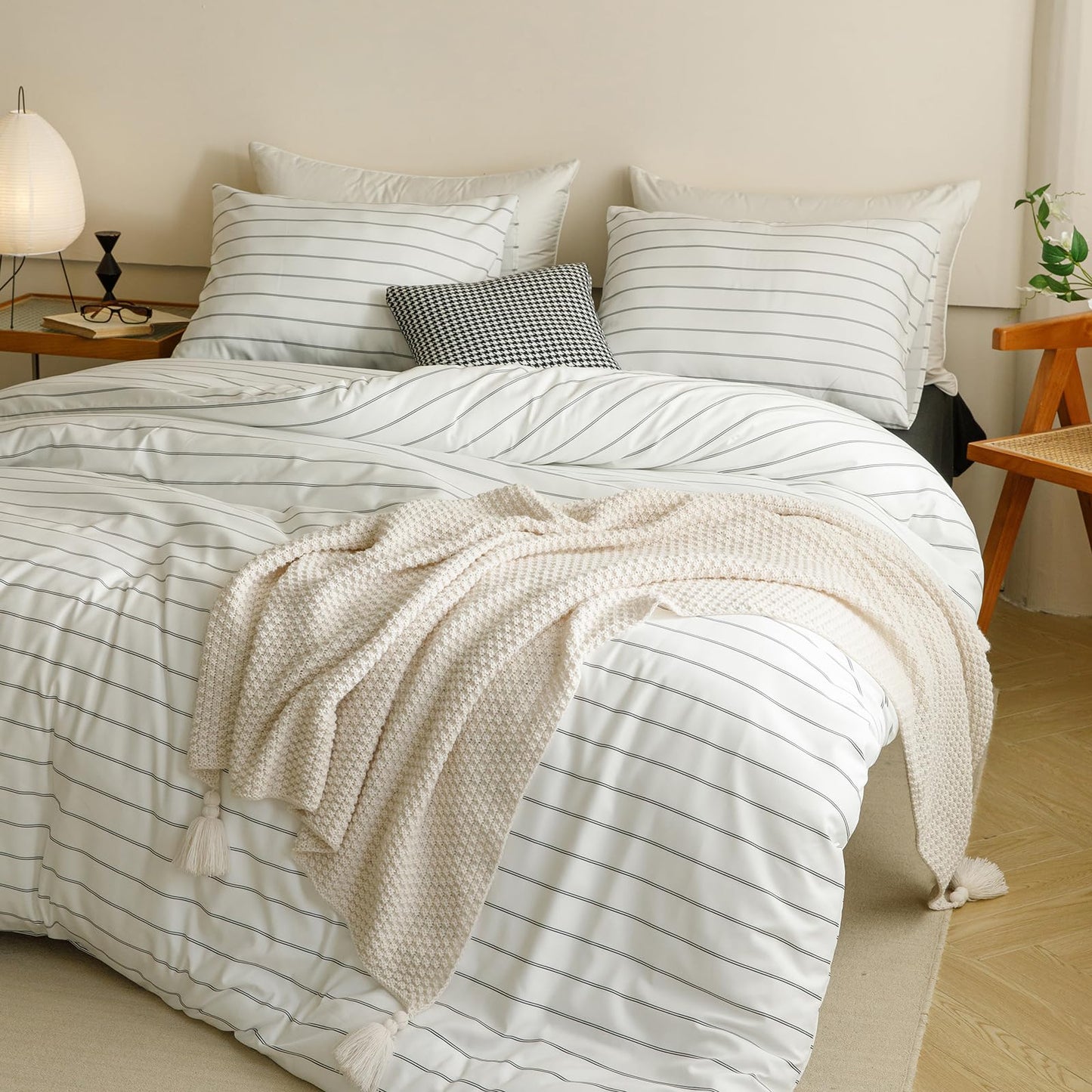 CLOTHKNOW Striped Duvet Cover Sets Queen White and Black Bedding Sets Farmhouse Bedding Duvet Cover Sets Soft Boho Bedding Queen