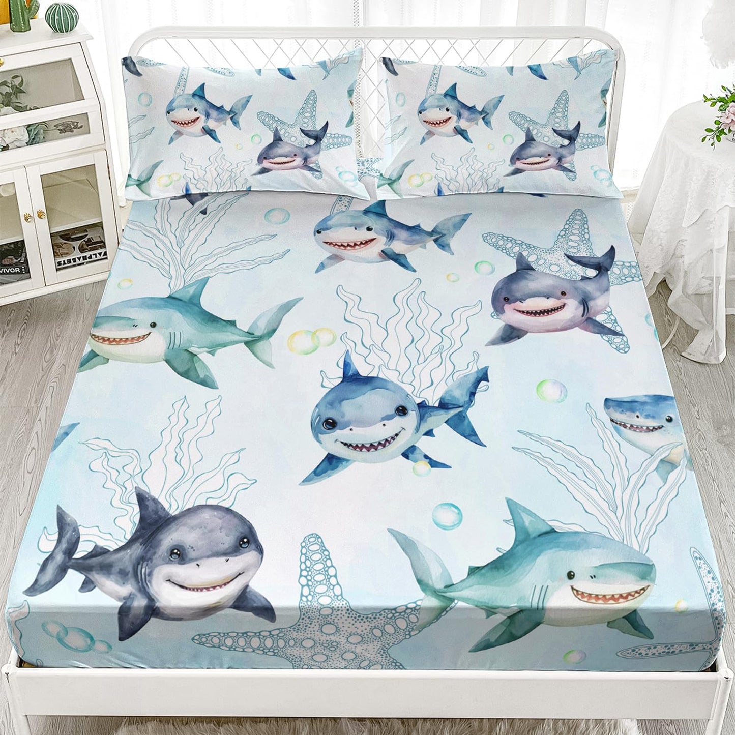 AILONEN Twin Bed Linen Set, Shark Pattern, Blue, 3 Piece Set (1 Fitted Sheet, 2 Pillowcases)