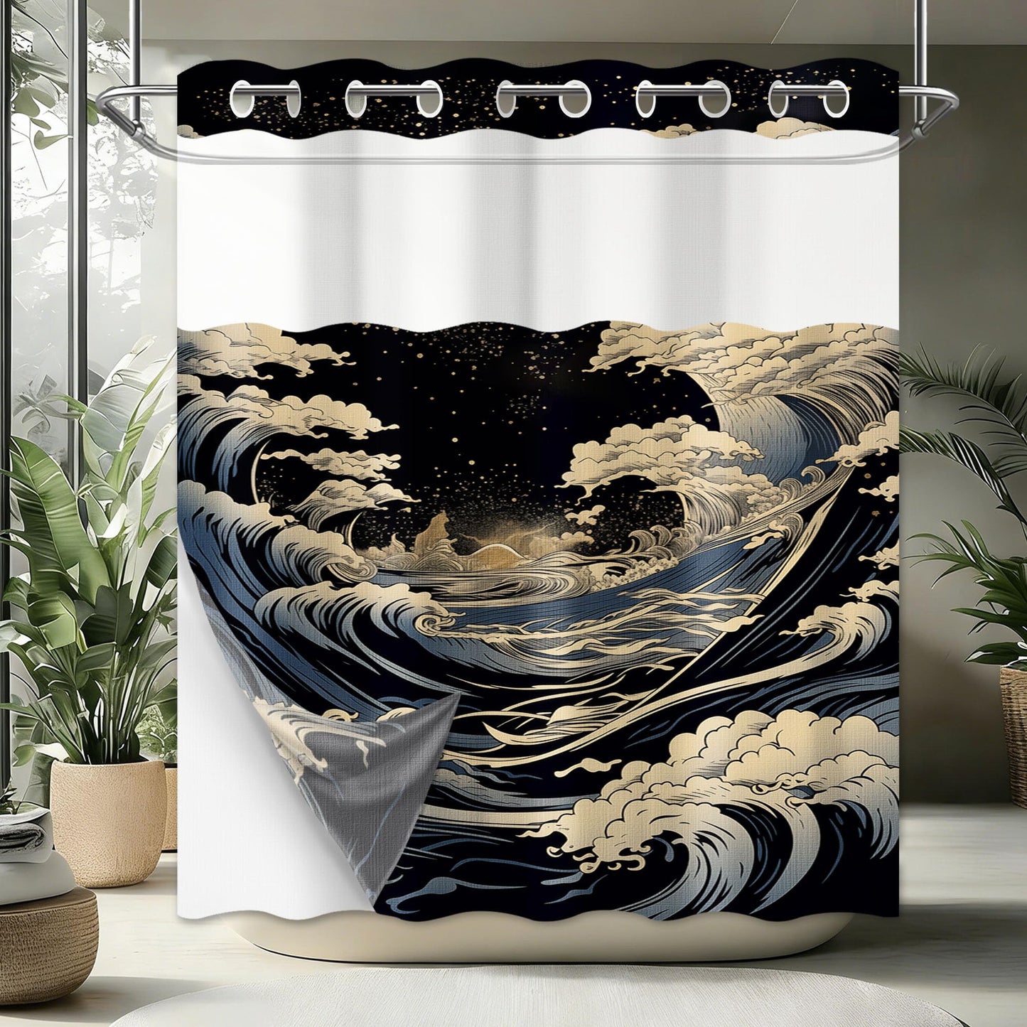 DLTAY Anime Hookless Shower Curtain, Japanese Great Waves, 71" W x 74" L