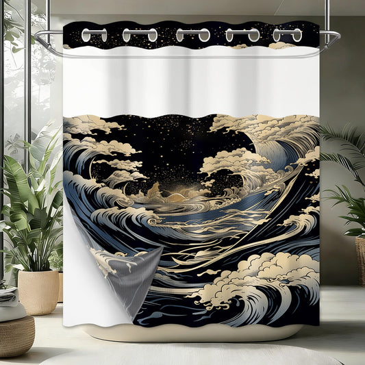 DLTAY Anime Hookless Shower Curtain, Japanese Great Waves, 71" W x 74" L
