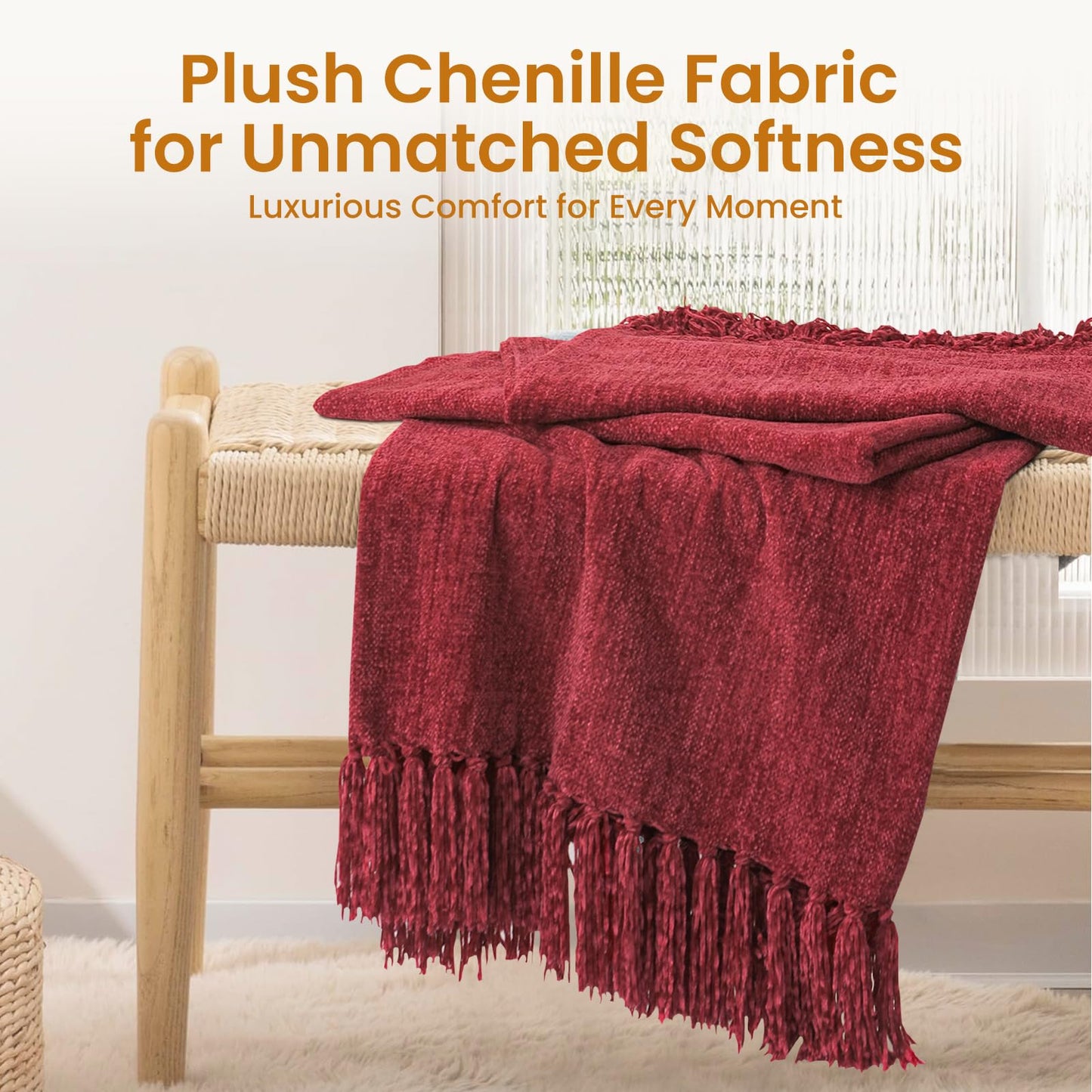 Yoenillo Burgundy Red Chenille Throw Blanket for Couch Bed，Soft Cozy Throw Blanket with Handmade Fringe, Decorative Blanket for Sofa Chair Living Room for Gift, (Burgundy Red)