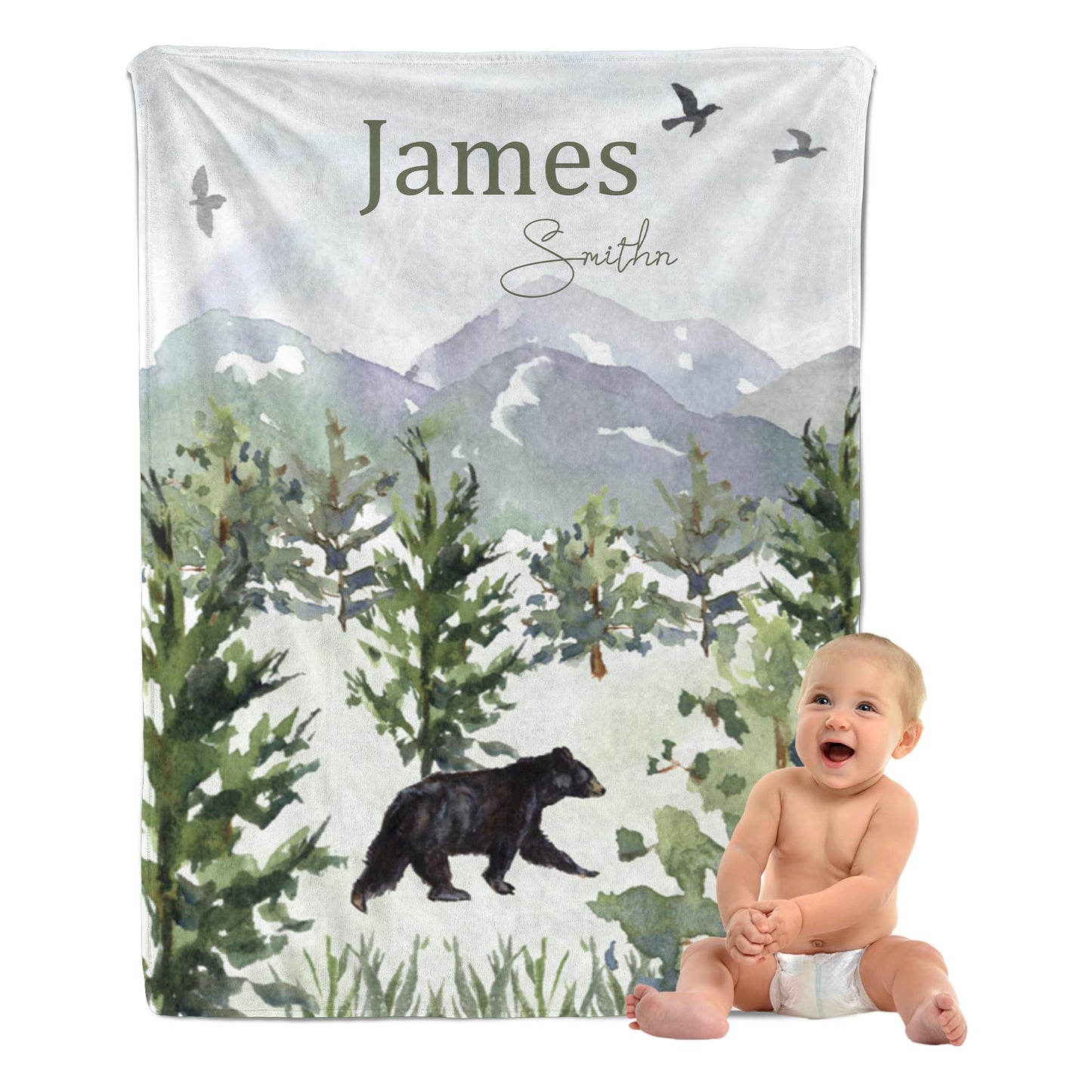 MAIWELL Personalized Baby Blanket for Boys, Custom Baby Boy Gifts Woodland Blanket with Name, Customized Receiving Blankets for Boys Newborn, Babies Kids Shower Christmas Birthday Gifts