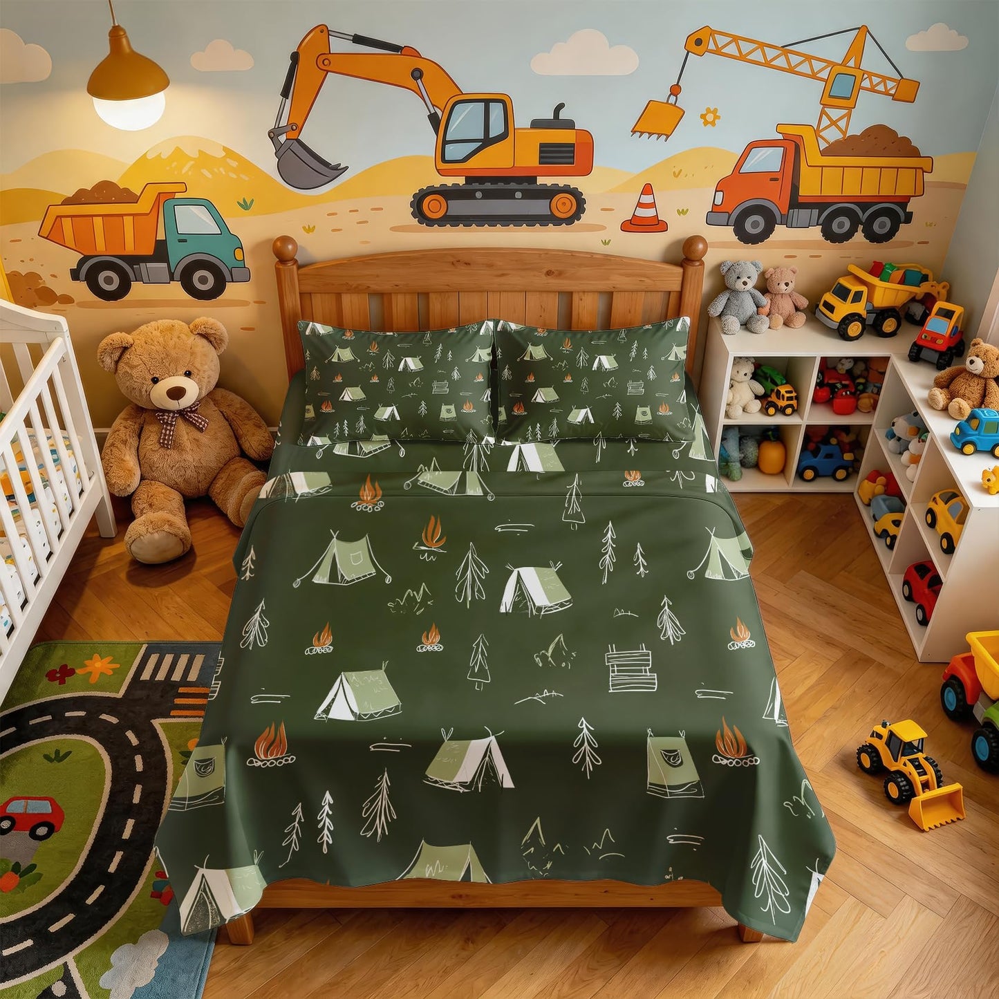 Camping Tent Twin Sheet Set Kids Flat Fitted Sheet Sets, Green