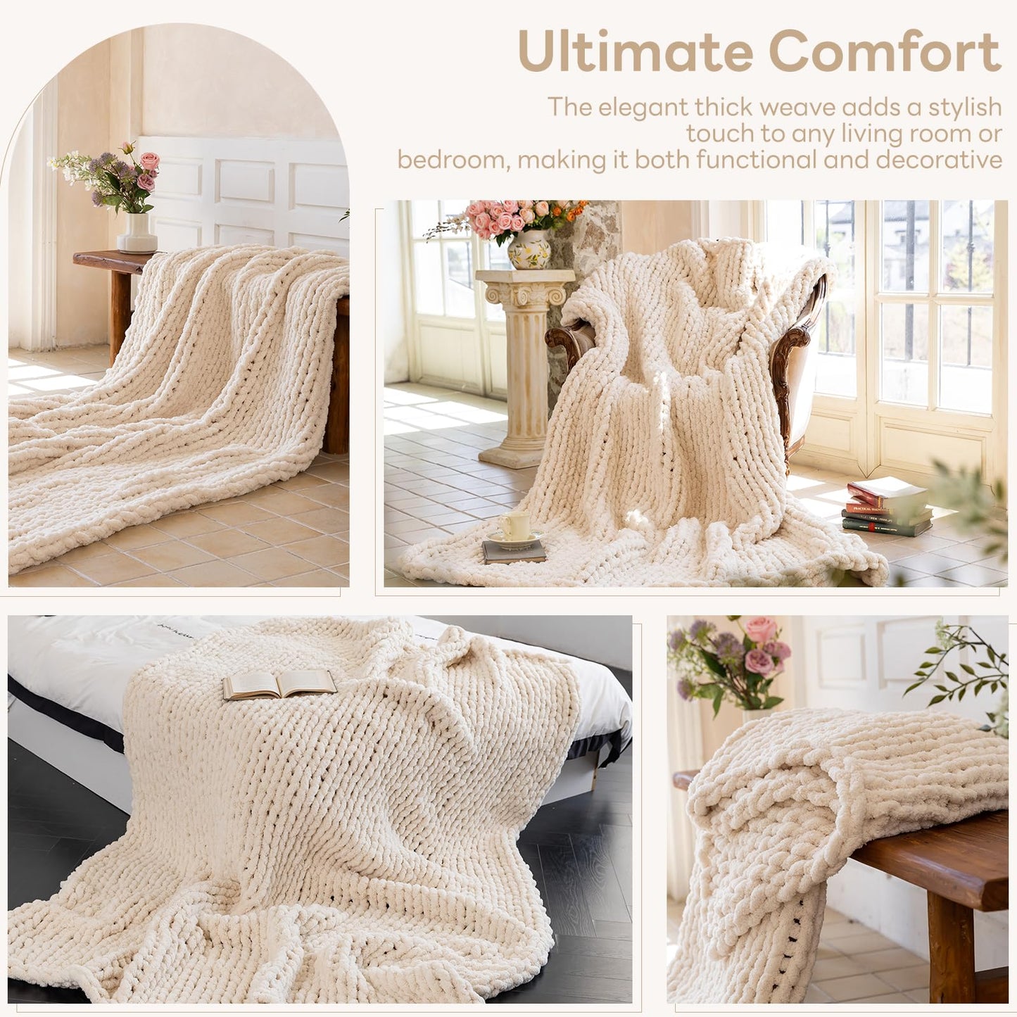 Larexius Chunky Knit Blanket - Luxury Soft Cozy 50 * 60 Throw Blanket,100% Woven Blanket Rope Knot Throw Blanket for Couch, Sofa, Home Decor, Gift - Machine Washable (Cream, 50 * 60)