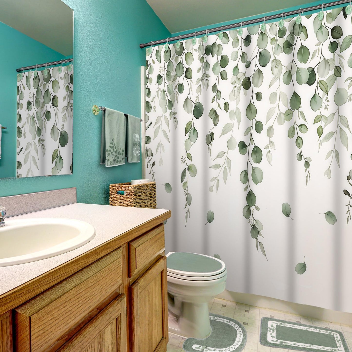 Peryiter 21 Pcs Sage Green Bathroom Set Eucalyptus Leaves Shower Curtain with 12 Leaf Hooks, 4 Sage Green Bath Towels 2 Non-Slip Rugs U-Shaped Toilet Mat & Cover Eucalyptus Decor for Bathroom