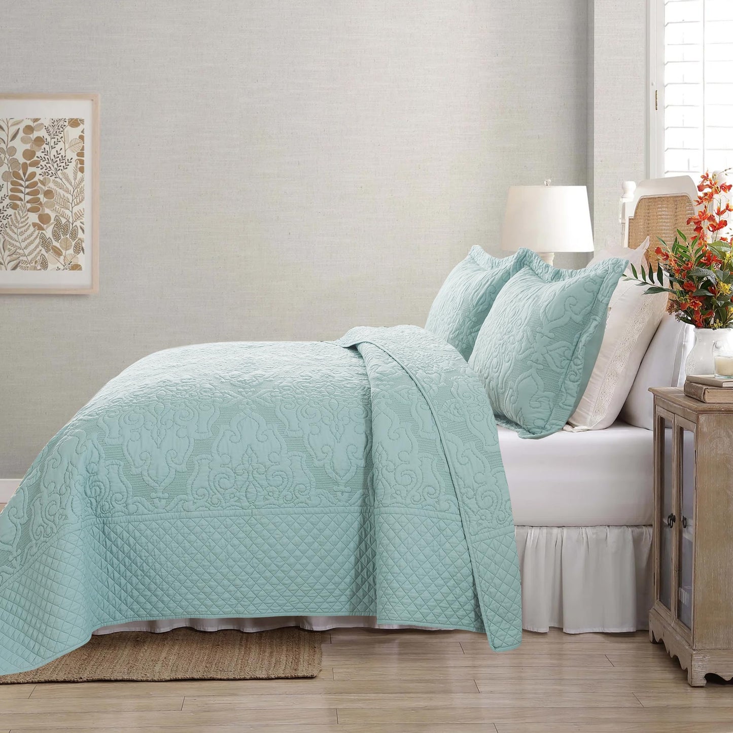 NEWLAKE Quilt Bedspread Set, Light Green Jacquard Embossed Floral Pattern Reversible Embroidered Microfiber Coverlet Sets, Queen Size