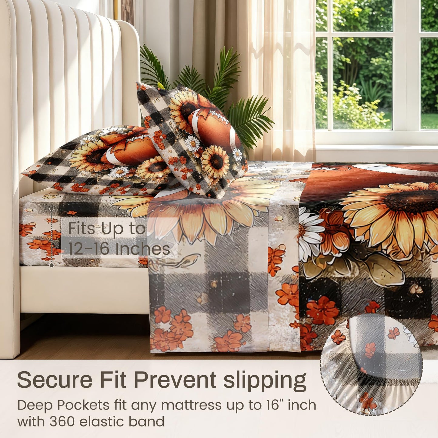 Football Queen Sheet Set 4 Pcs Sunflower Bed Sheets, Brown