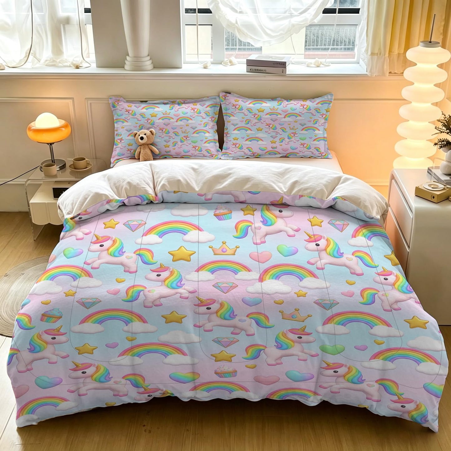 DJNEAR Kids Twin Comforter Sets for Girls, Cute Rainbow Unicorn Printed Kids Bedding Set, Cartoon Fantasy Room Decor for Girls, Lightweight Breathable All Season 1 Comforter 1 Pillowcase