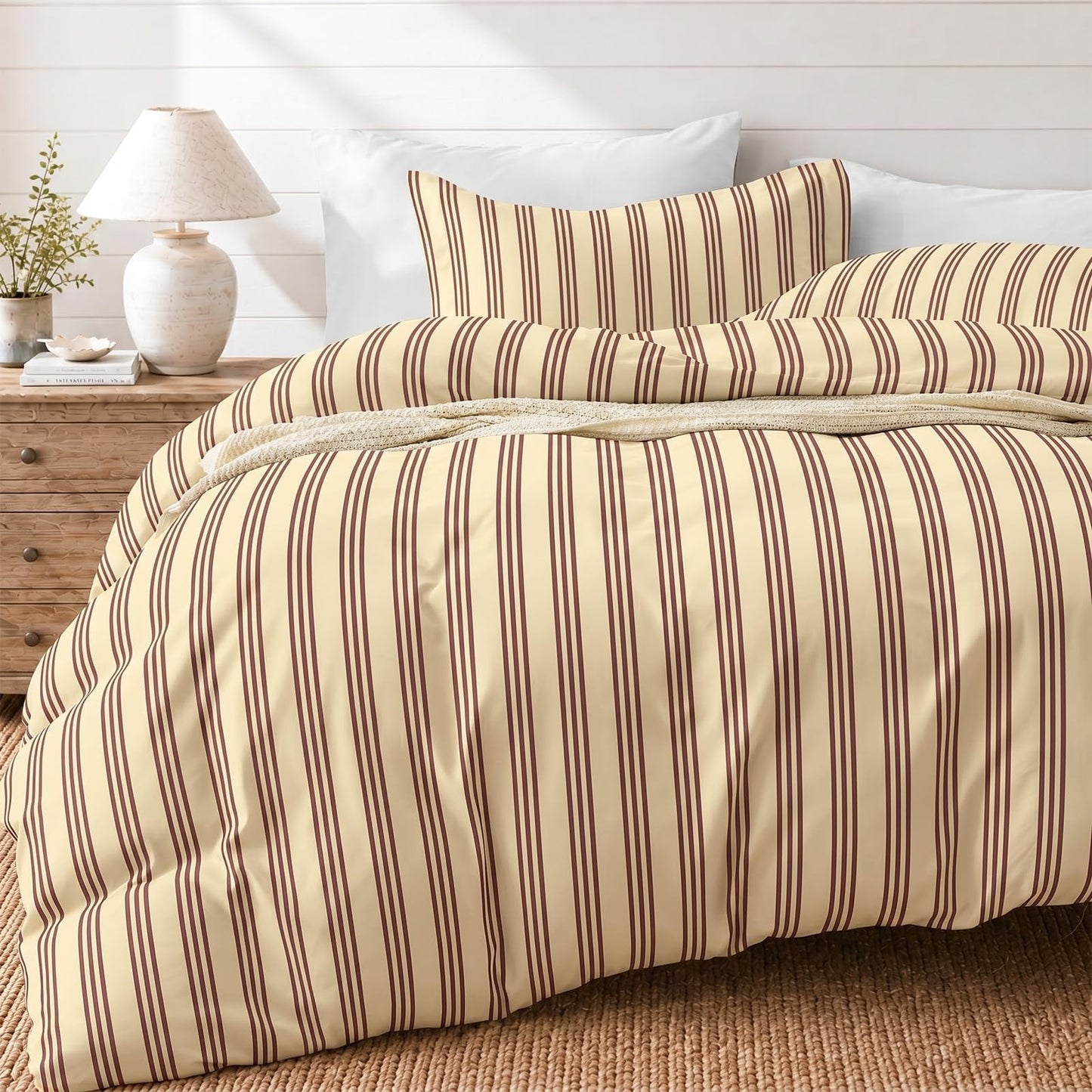 JOLLYVOGUE Striped Duvet Cover Queen, Yellow Duvet Cover with Red Stripes