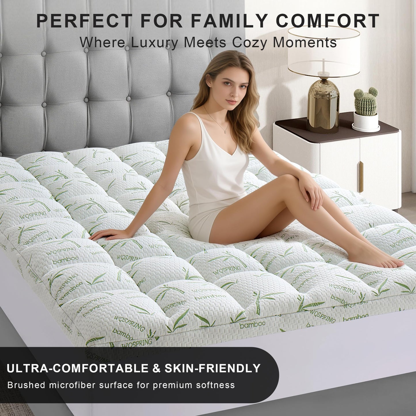 3 Inch Memory Foam Mattress Topper Queen Size Viscose from Bamboo Extra Thick 1300 GSM Quilted Fitted Protector Pillow Top Cover for Back Pain Deep Pocket Up to 21 Inches
