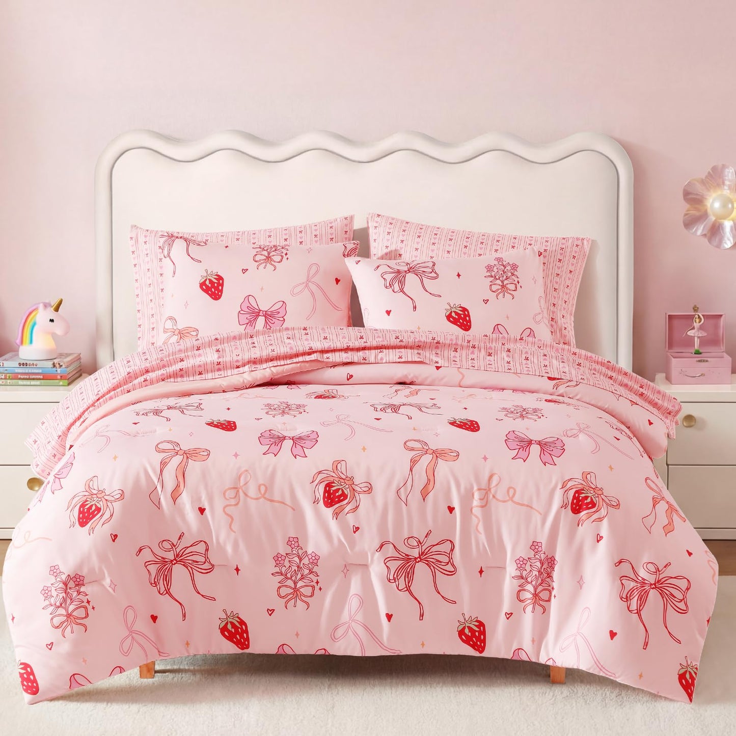 BLOOMHAVEN Twin XL Comforter Set for Girls, 5 Pieces Pink Bedding Set with Strawberry Bow, All Seasons Kids Twin Comforter Set with Sheets, Pillowcase & Sham