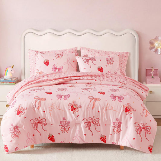 BLOOMHAVEN Twin XL Comforter Set for Girls, 5 Pieces Pink Bedding Set with Strawberry Bow, All Seasons Kids Twin Comforter Set with Sheets, Pillowcase & Sham