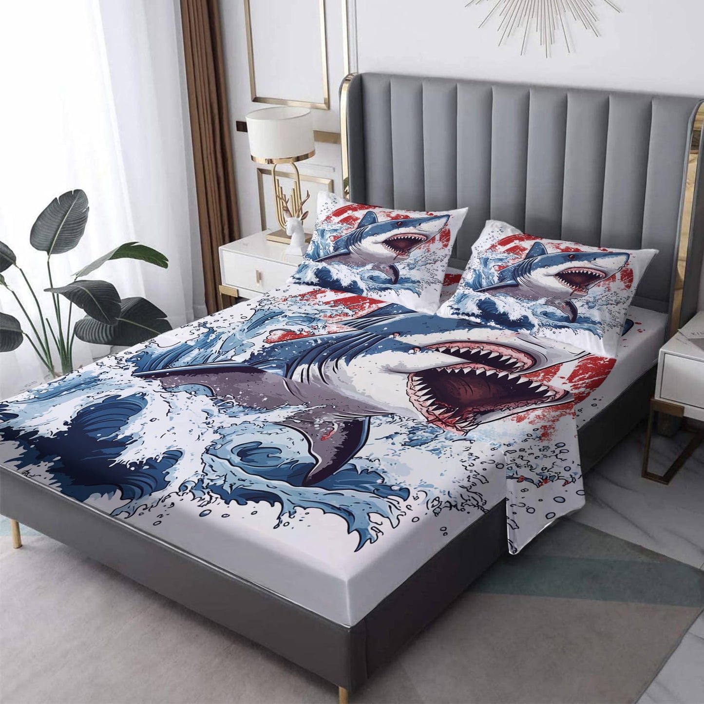 NOGAWA Shark Sheets Queen, Sea Life Bed Sheets, Deep Pocket & Soft Microfiber Bedding Sheets & Pillowcases 4 Piece - Fitted Sheet & Flat Sheet & 2 Pillow Cases