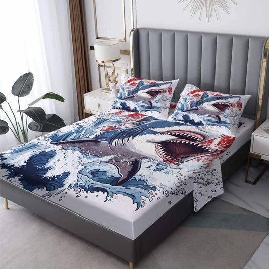 NOGAWA Shark Sheets Queen, Sea Life Bed Sheets, Deep Pocket & Soft Microfiber Bedding Sheets & Pillowcases 4 Piece - Fitted Sheet & Flat Sheet & 2 Pillow Cases