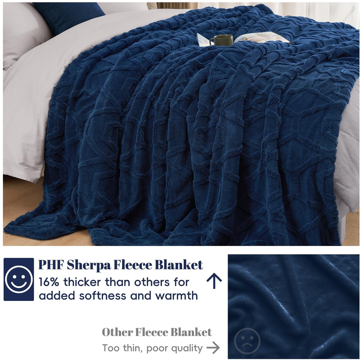 PHF Fluffy Sherpa Fleece Blanket Queen Size for Winter, Warm and Cozy, 510GSM 3D Tufted Shaggy Fleece Blanket for Sofa Bed, Navy Blue, 90"x90"