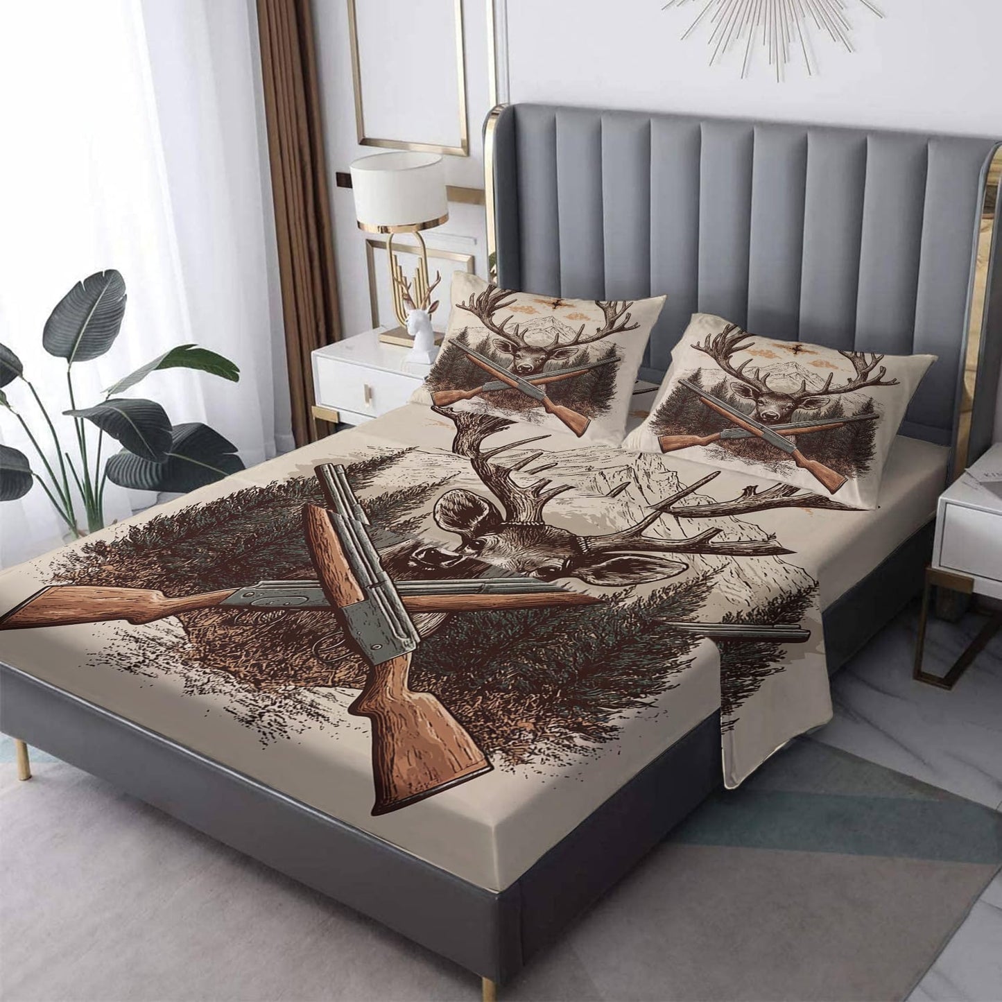NOGAWA Deer Bed Sheets, Rustic Hunting Sheets & Bedroom Decor, Queen Sheets Set Wildlife, 16 Inch Deep Pocket Fitted Sheet & Flat Sheet, Bedding Sheets & Pillowcases