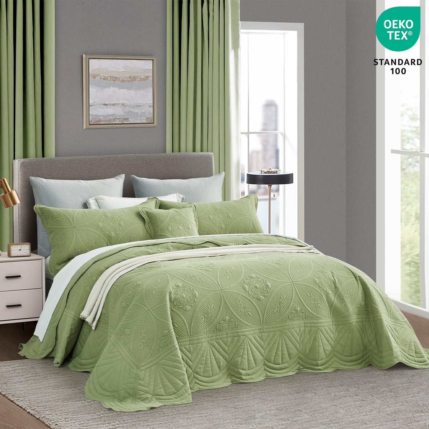 DaisyHuang Oversized Bedspread - King Size Bedding Cover - Modern & Contemporary Coverlet Set, Real Stitching, Reversible, Lightweight, 5 Piece, Sage Green