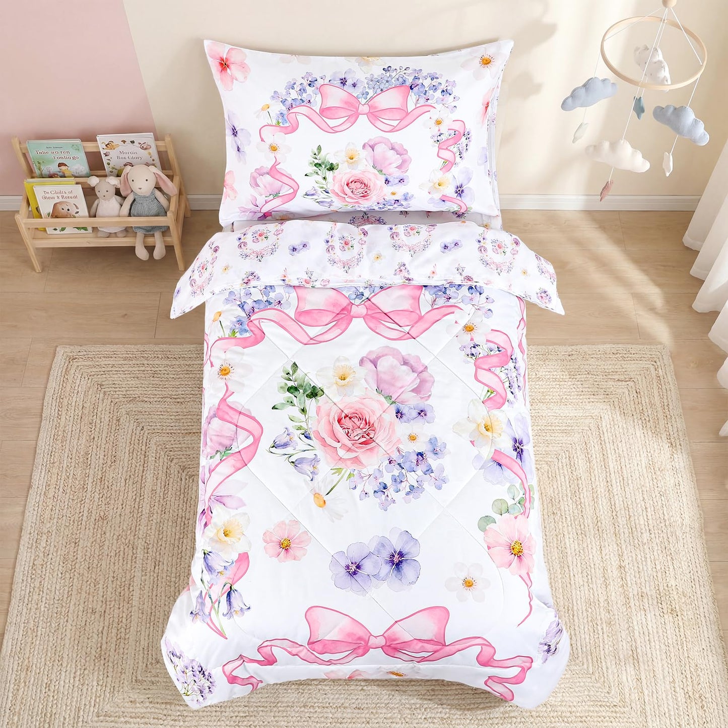 Pea Pod Floral Toddler Bedding Set for Girls, 4 Piece Bed-in-a-Bag Toddler Comforter Sets Cute Bowknot Princess Crib Bed Set | Include Quilt Comforter, Flat Sheet, Fitted Sheet, Pillowcase, Super Soft