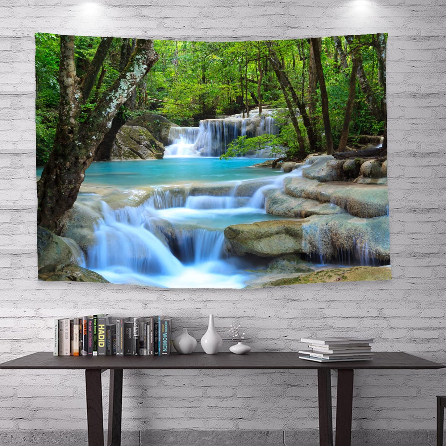 WODEJIA Forest Waterfall Fabric Tapestry Decorative Wall Art Tablecloth Bedspread Picnic Blanket Beach Throw Blanket Multifunctional for Bedroom Dormitory Living Room Hanging 79 x 59 Inches