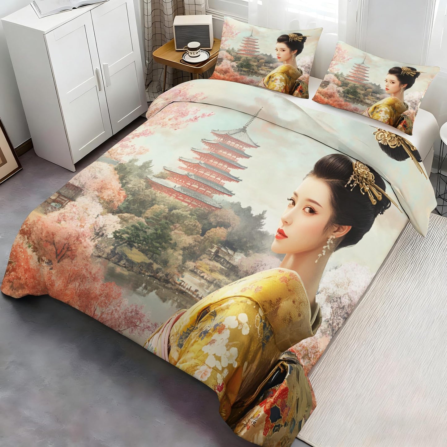 GKPLY Japanese Comforter Set Twin, Oriental Girls Duvet Cover, Asian Painting Bedding Set, 2 Pillowcases, Zipper Closure, Reversible Print Bedding Set & Bedroom Decor