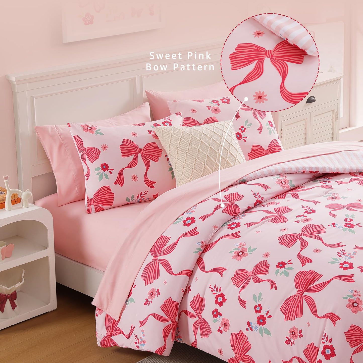AMBERSPACE Twin XL Comforter Set for Girls, Pink Bow Bedding Set with Cute Floral, All Season Kids Dorm Bed in a Bag 5 Pieces with Sheets, Pillowcase & Sham