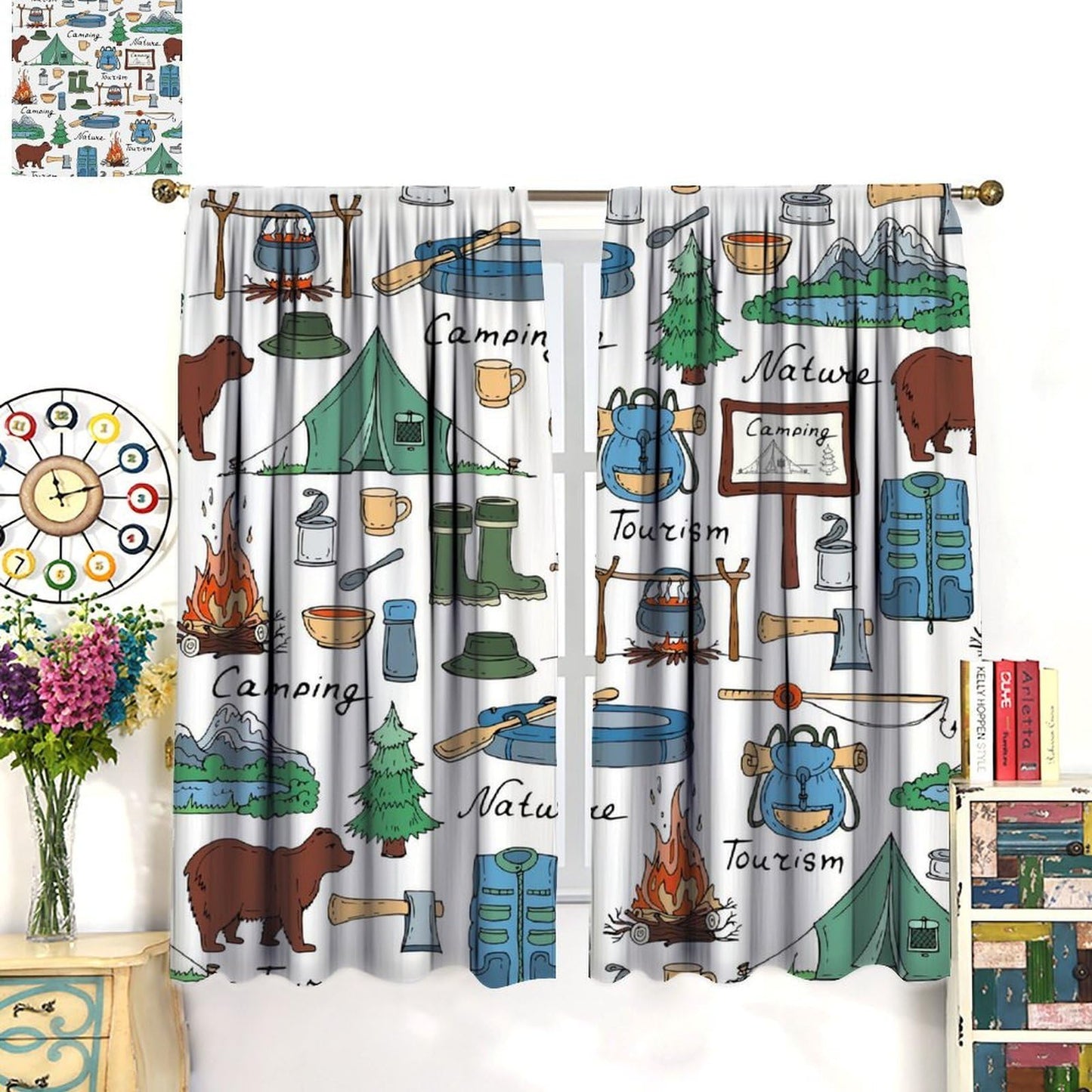 Nanacur Rustic Farmhouse Camper Curtain, Retro Wood Travel Trailer Camping Print Theme Window Drapes, for Living Room Bedroom 42" W X 45" L (Decorative)