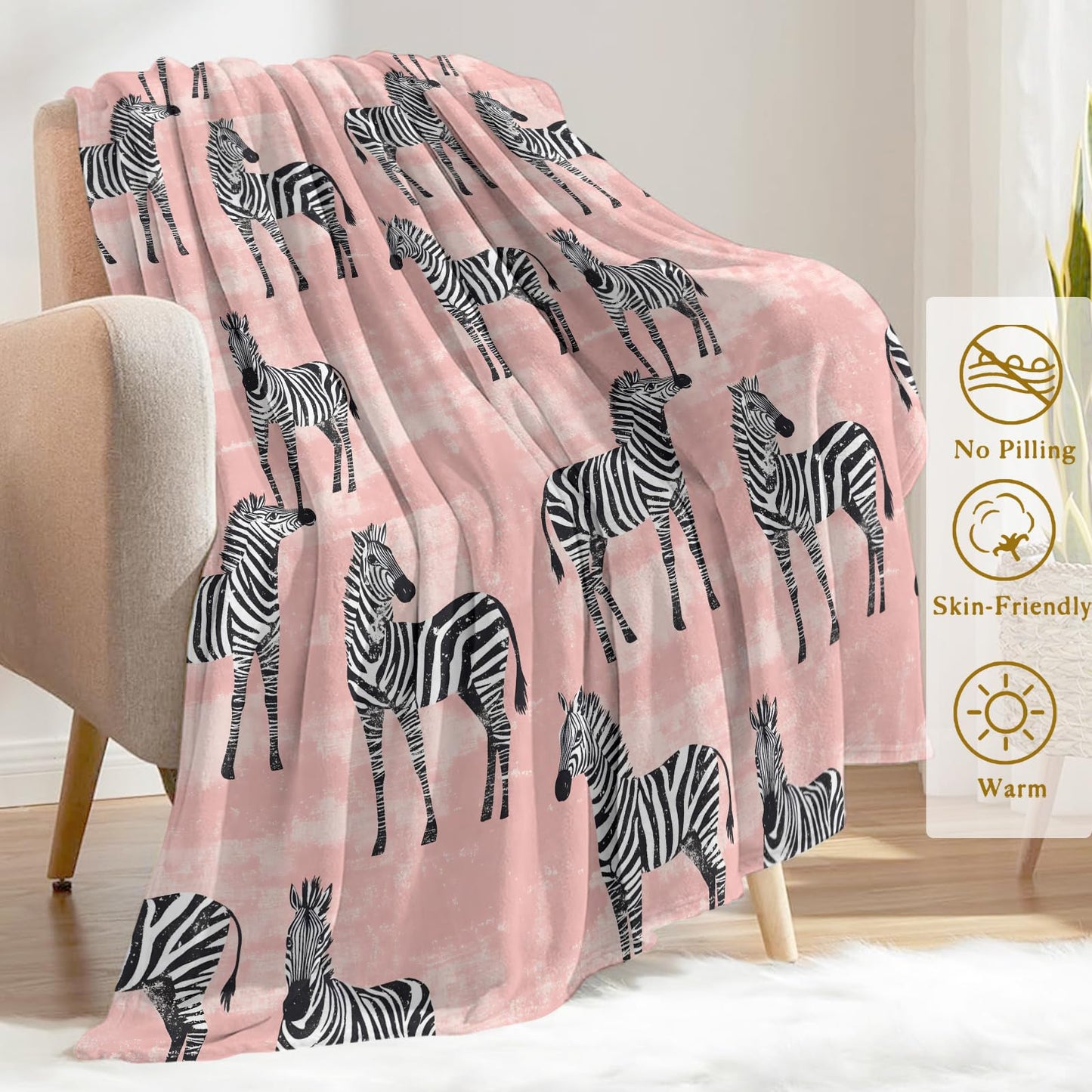 ainori Zebra Flannel Blanket - Stylish Safari Design with Black and White Zebras on Pink Throw - Soft Cozy Gifts Blankets for Animal Lovers, Safari-Themed Room Decor, and Whimsical Accent 50x60in