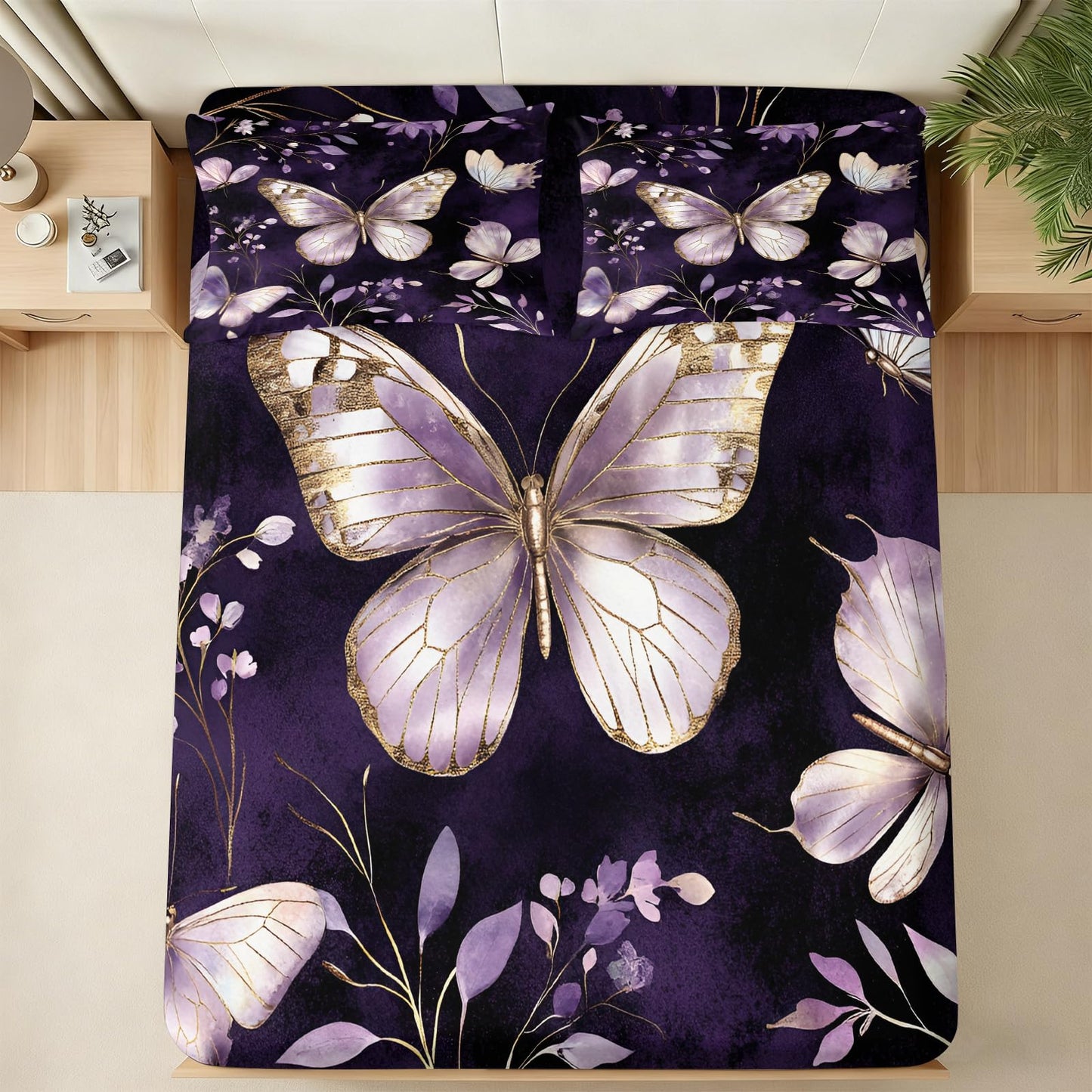 ZAOMIR Purple Butterfly Sheet Set King for Girls, Animal Floral Bed Sheets Set 4Pcs Elegant Flower Leaves Bedding Sheet Sets (Fitted & Flat Sheet+2 Pillowcases)