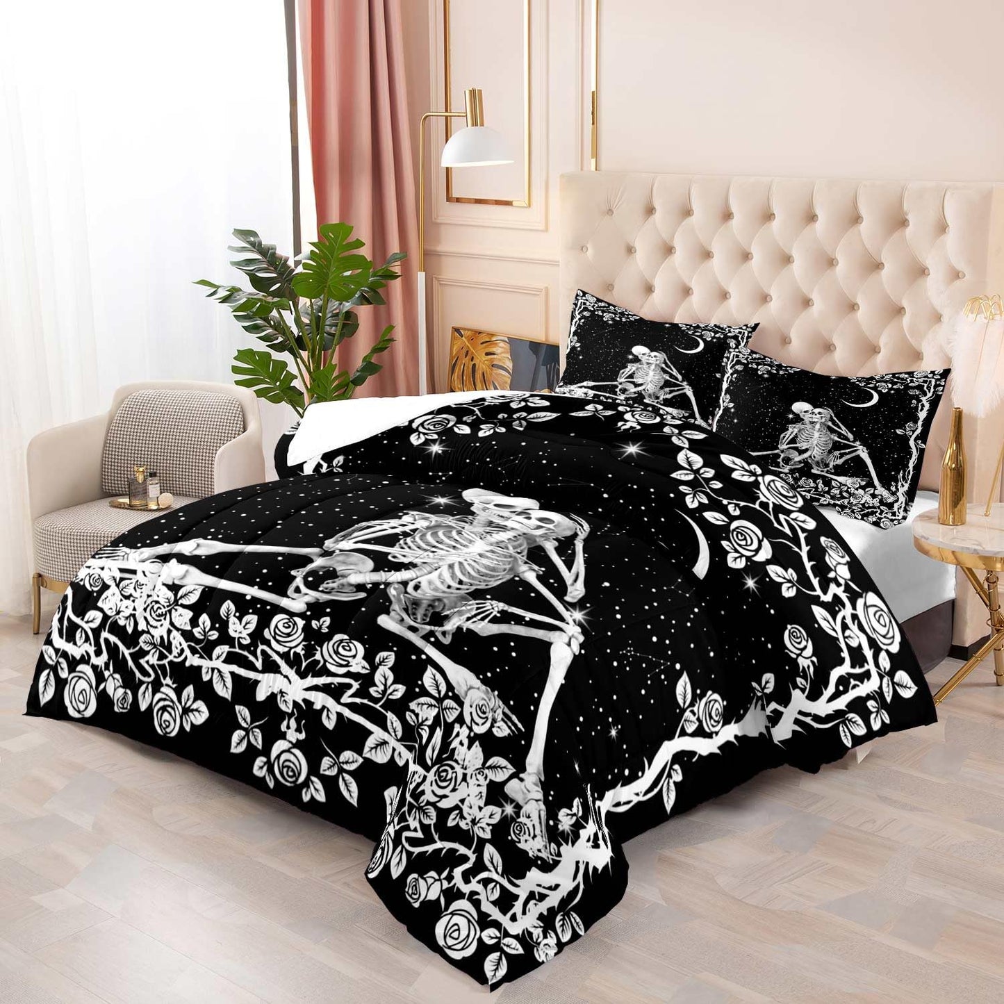 LUVIVIHOME 3PCS Skull Bedding Sets, Black & White Comforter Set King Size, Moon Stars Rose Floral Skeleton Lovers Romantic Bedroom Decor for Women Men, Microfiber Quilt, Couples Gifts, 2 Pillow Shams