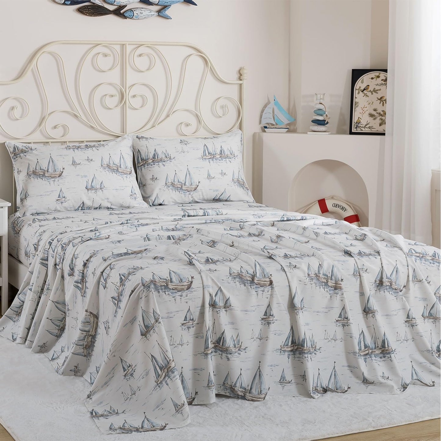 FADFAY Premium 100% Cotton Sheet Set Queen – Coastal Nautical Sailboat Bedding, Soft Gray Seaside Harbor Print, Soft Breathable Cooling Bed Sheets, Deep Pocket Luxury Coastal Bedding 4 Piece