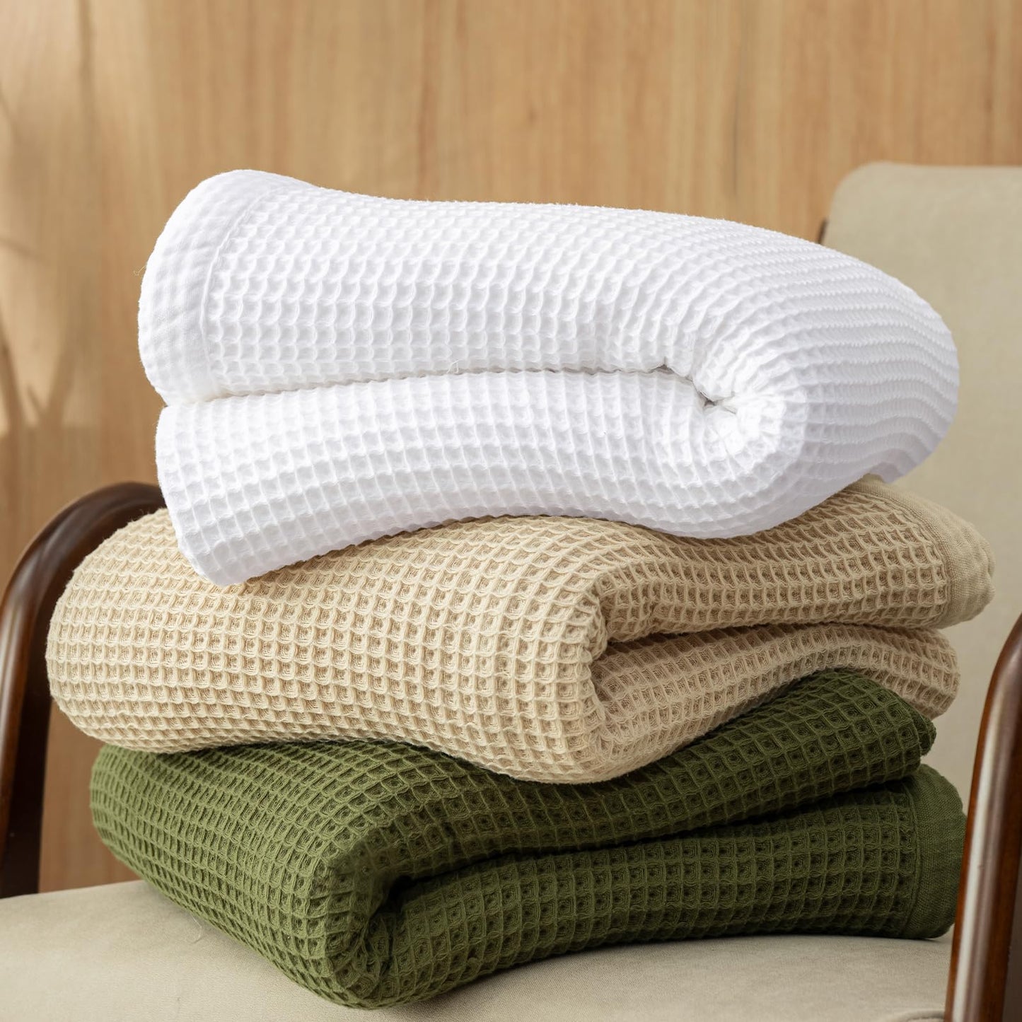 PHF 100% Cotton Waffle & Muslin Blanket Queen Size, Soft Breathable Luxury 400GSM Versatile Reversible Bedding for Bed, Great for Layering in Cold Weather, Home Decor Gift, 90" x 90", White
